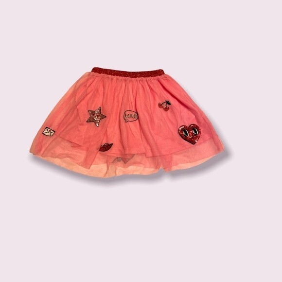 H&M Pink Tulle Skirt with sequin patches and red elastic waist SZ 2-4Y EUC - Picture 2 of 3